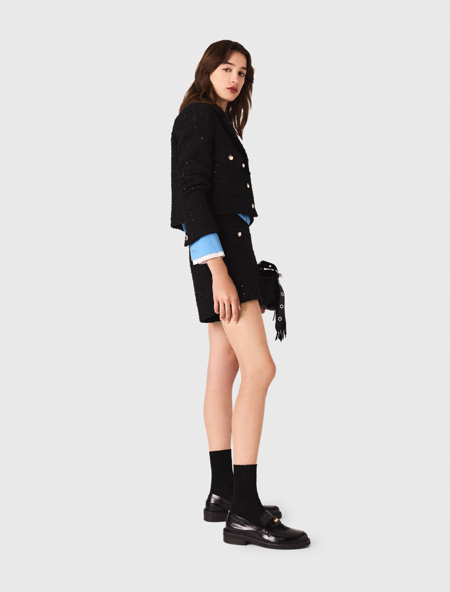 Chaqueta corta de tweed con strass