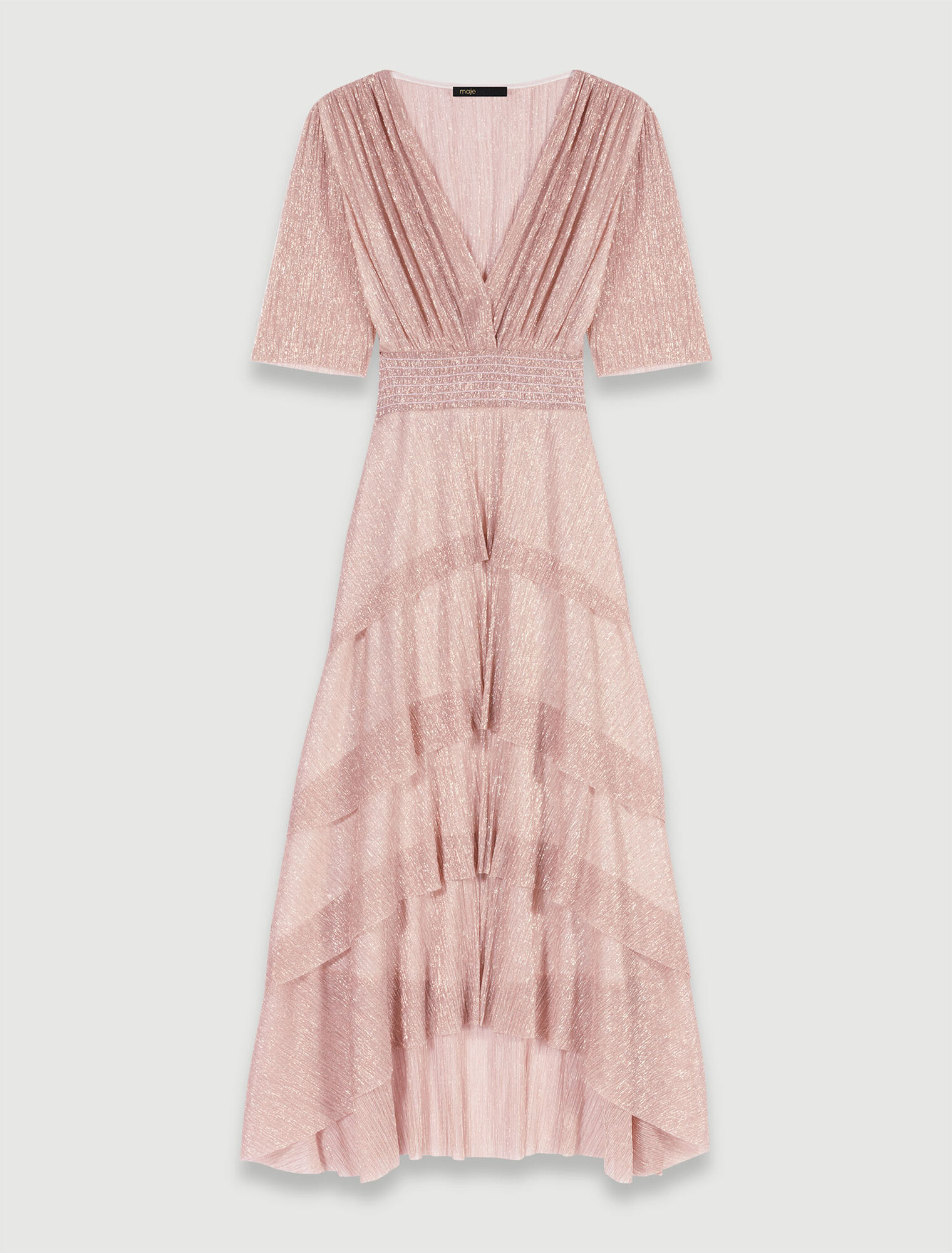 Vestido largo de lamé con volantes