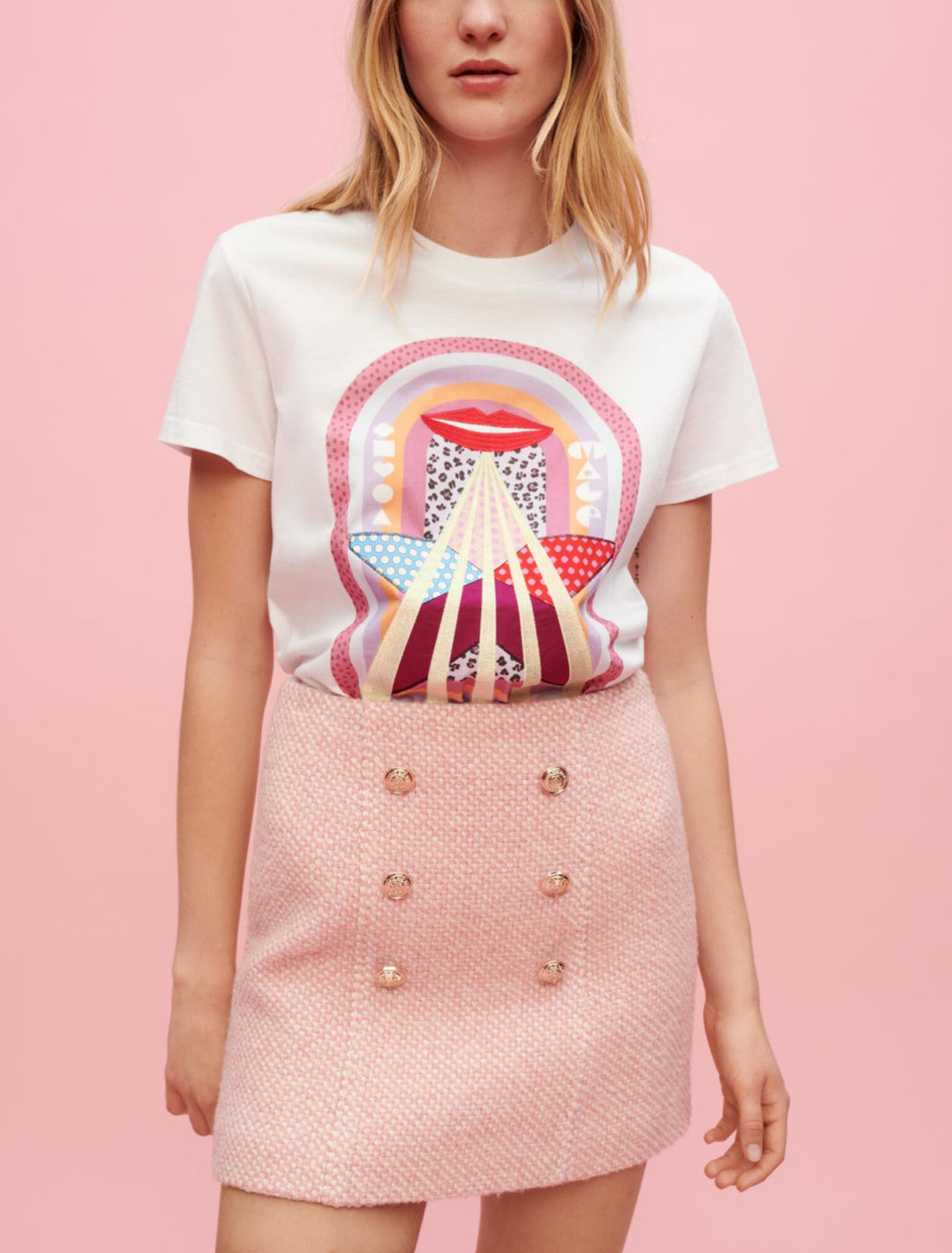 Falda de tweed jaspeada rosa y crudo