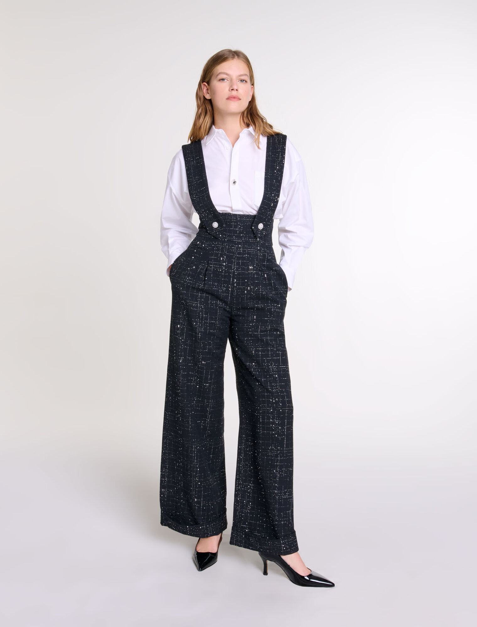 Pantalón largo con tirantes de tweed