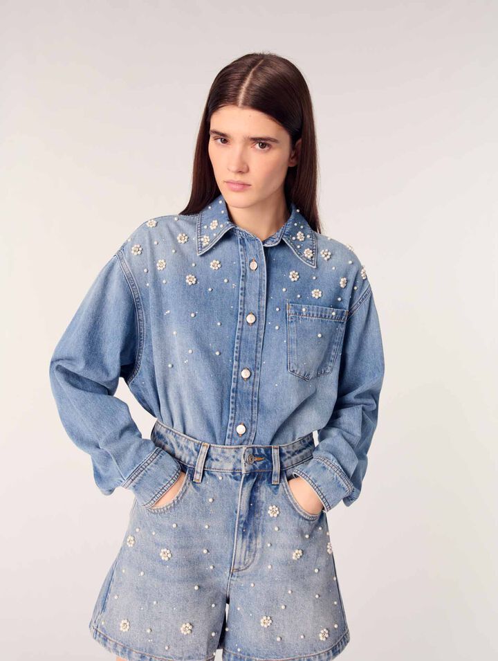 Short vaquero con perlas bordadas