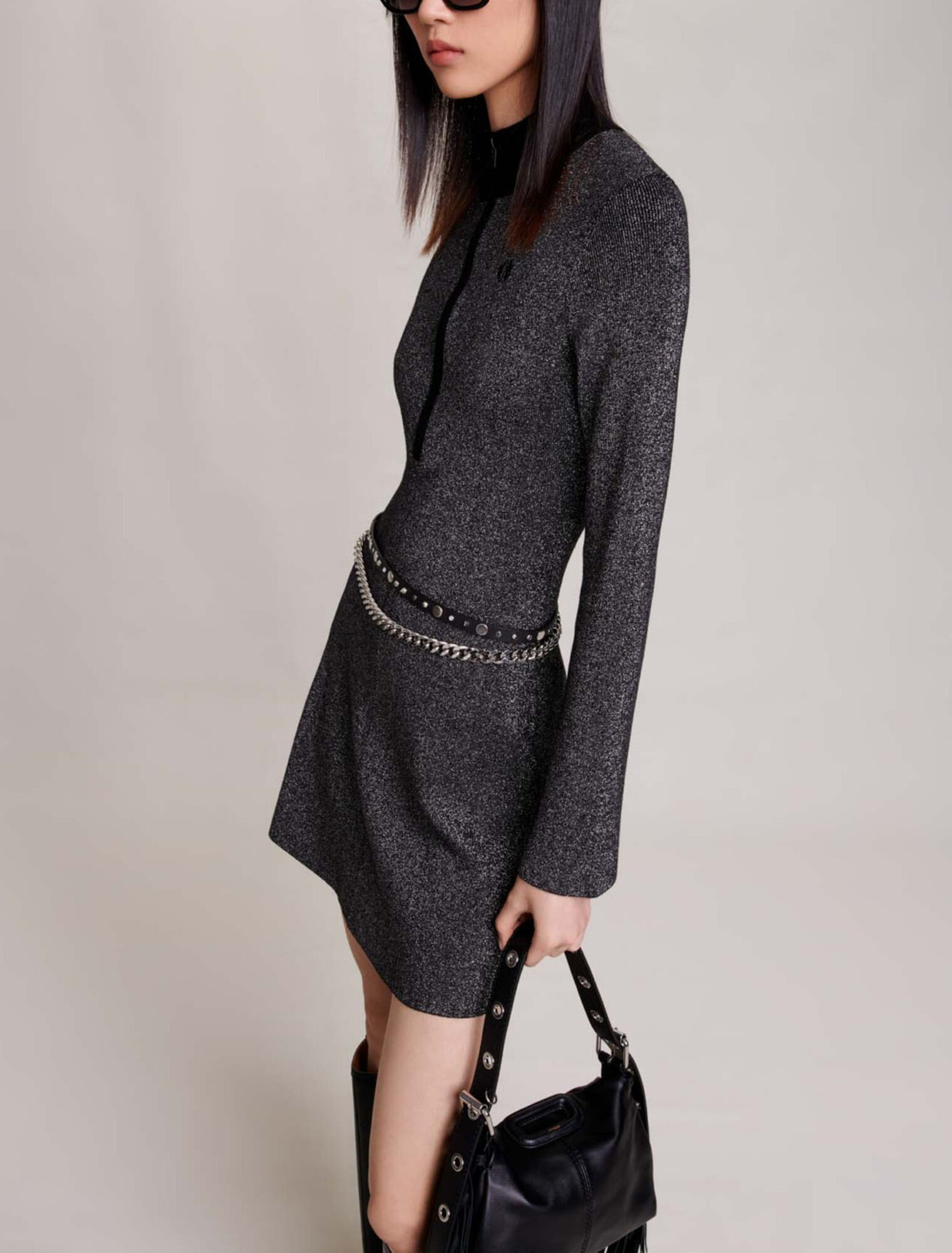 Vestido corto de punto y purpurina