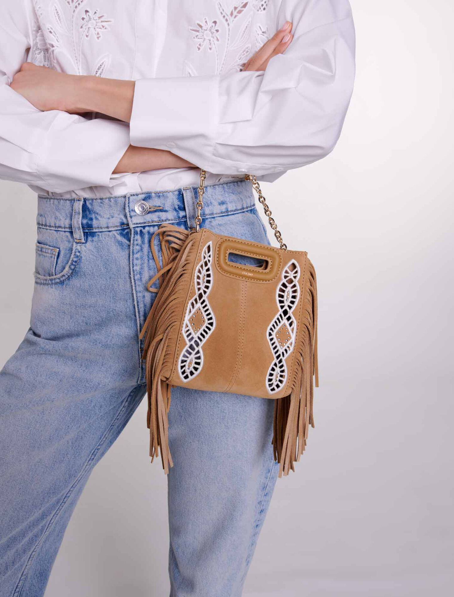 Minibolso M ante bordado con flecos