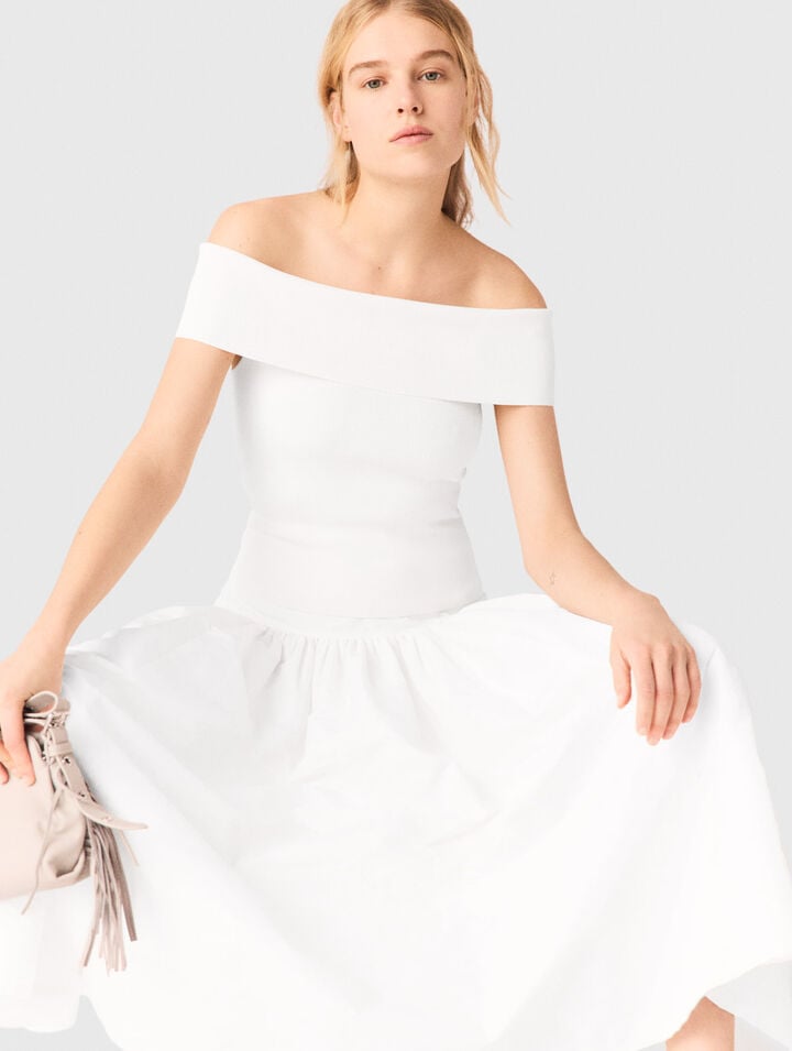 Top de punto de canal&eacute; cuello Bardot