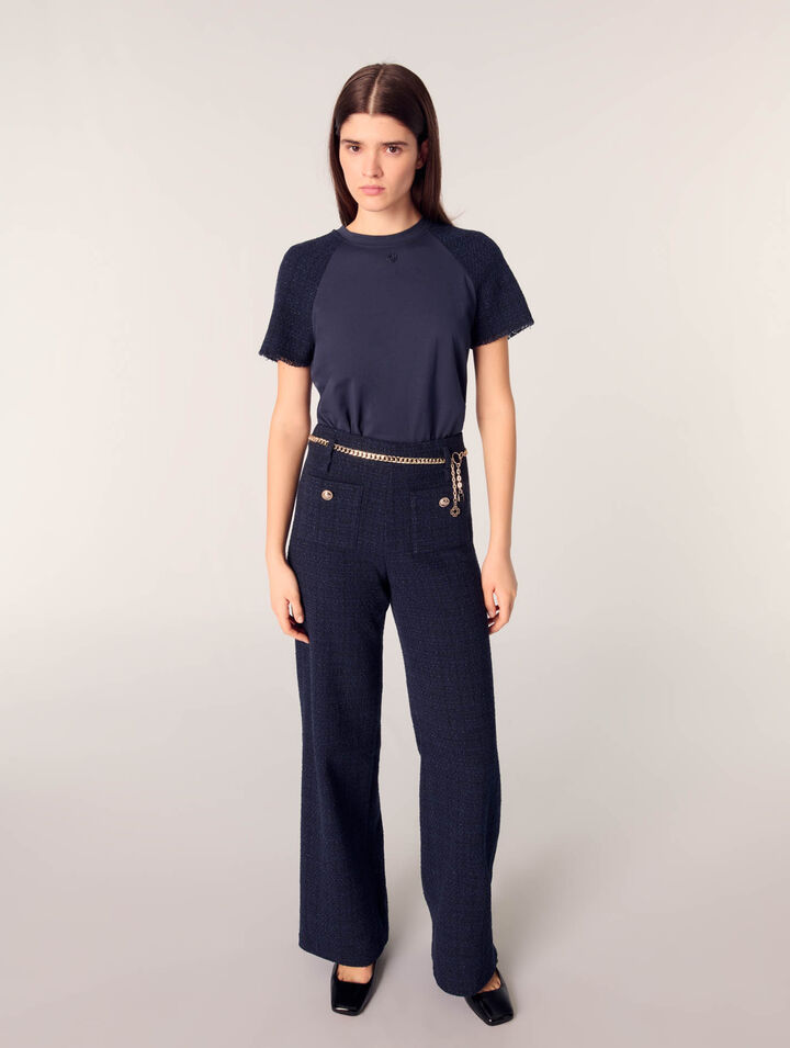 Pantalón tweed con cinturón cadena