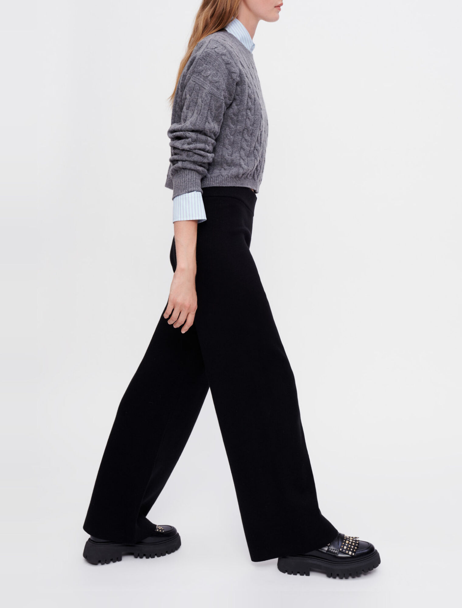 Pantalón de punto negro de pierna ancha