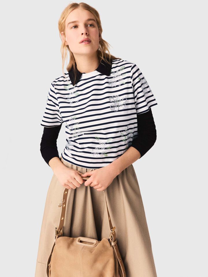 Camiseta rayas con flores de strass