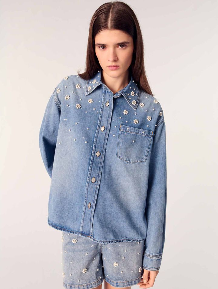 Camisa vaquera con perlas bordadas