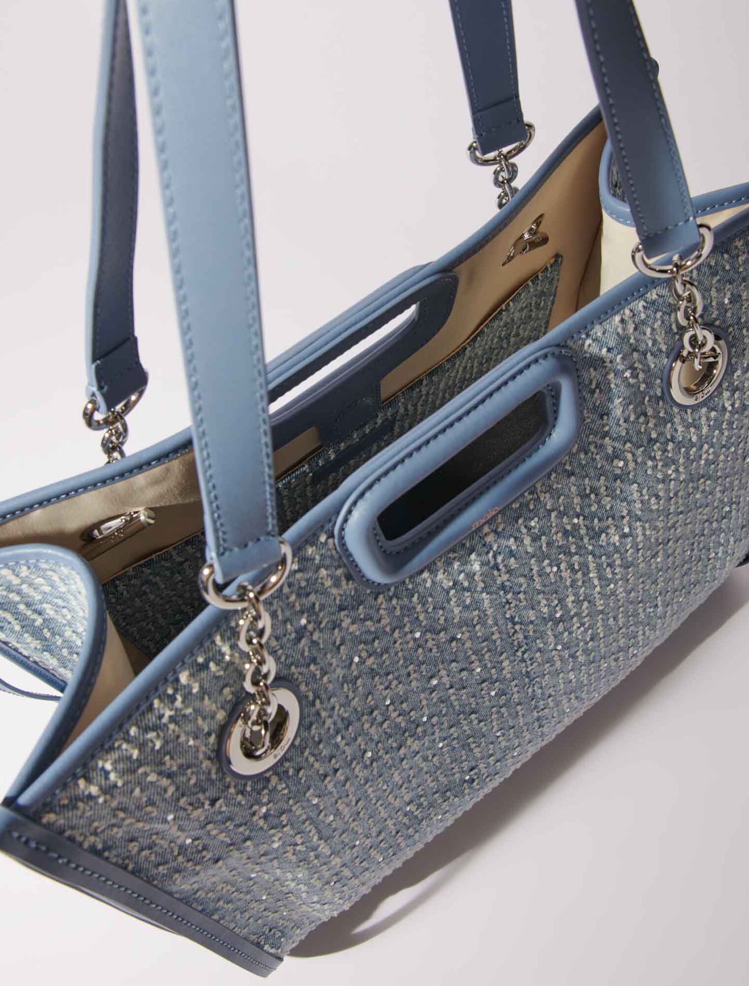 Bolso cabás de tela denim y estrás