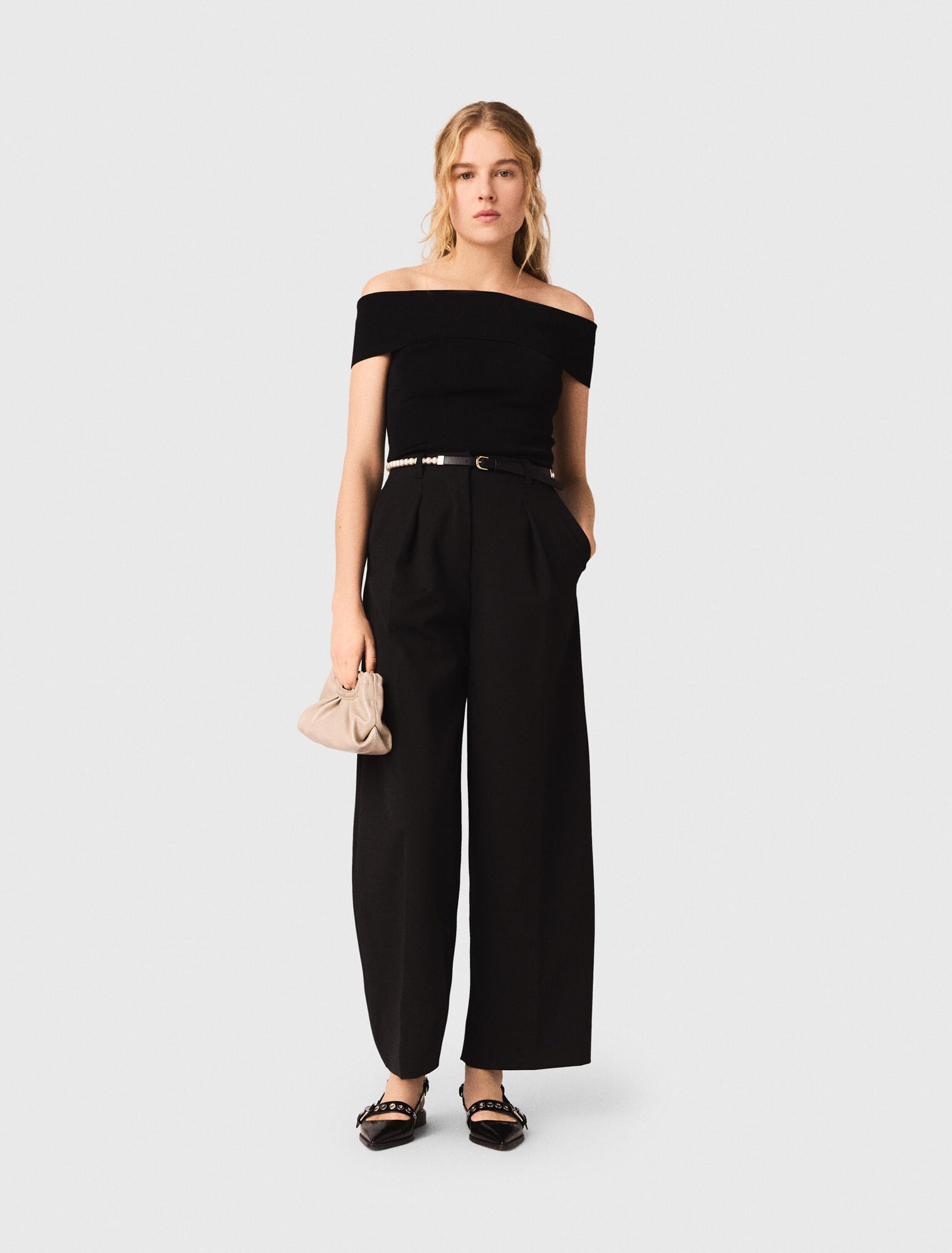 Top de punto de canal&eacute; cuello Bardot