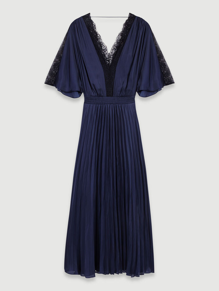 Vestido largo plisado con encaje