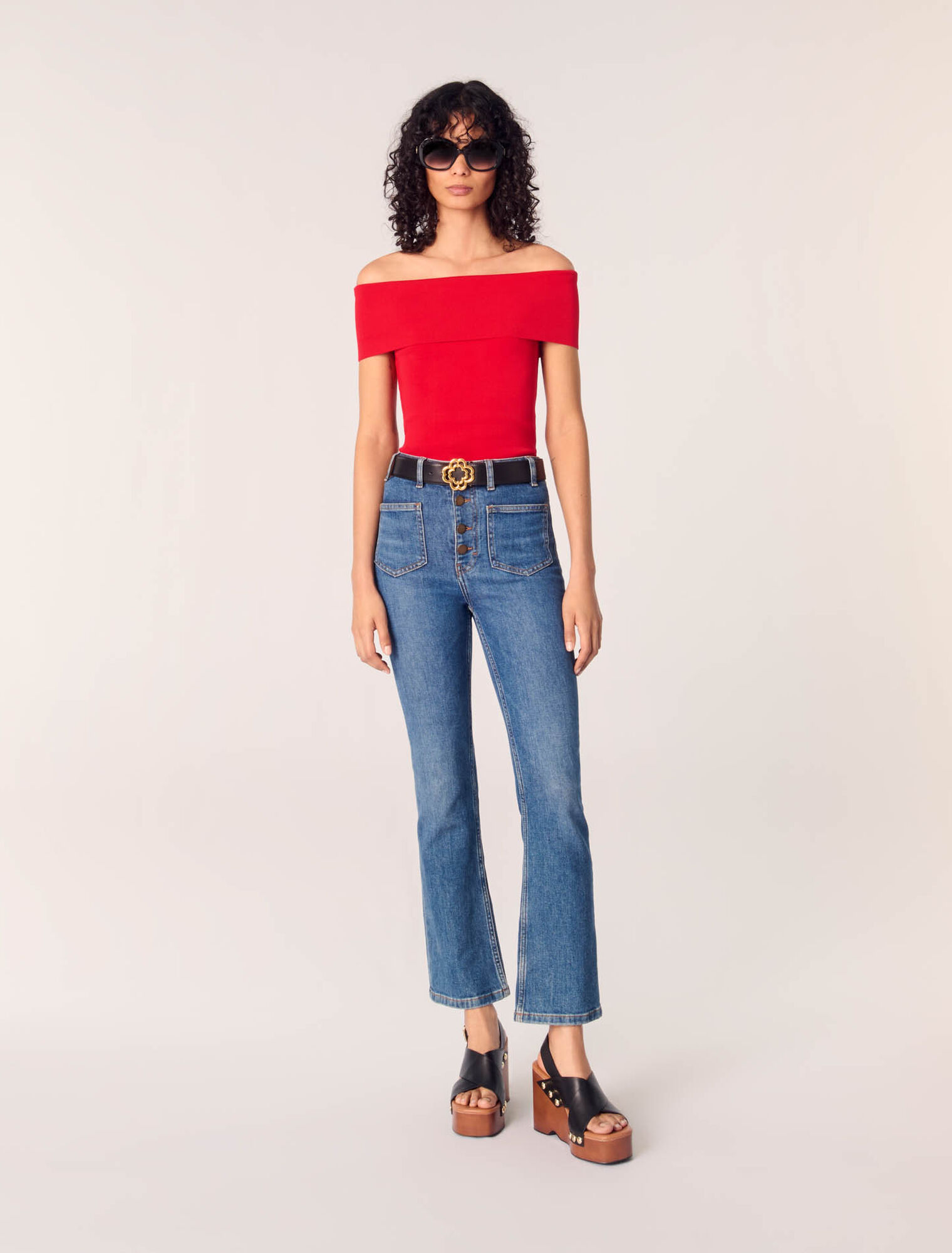 Top de punto de canalé cuello Bardot