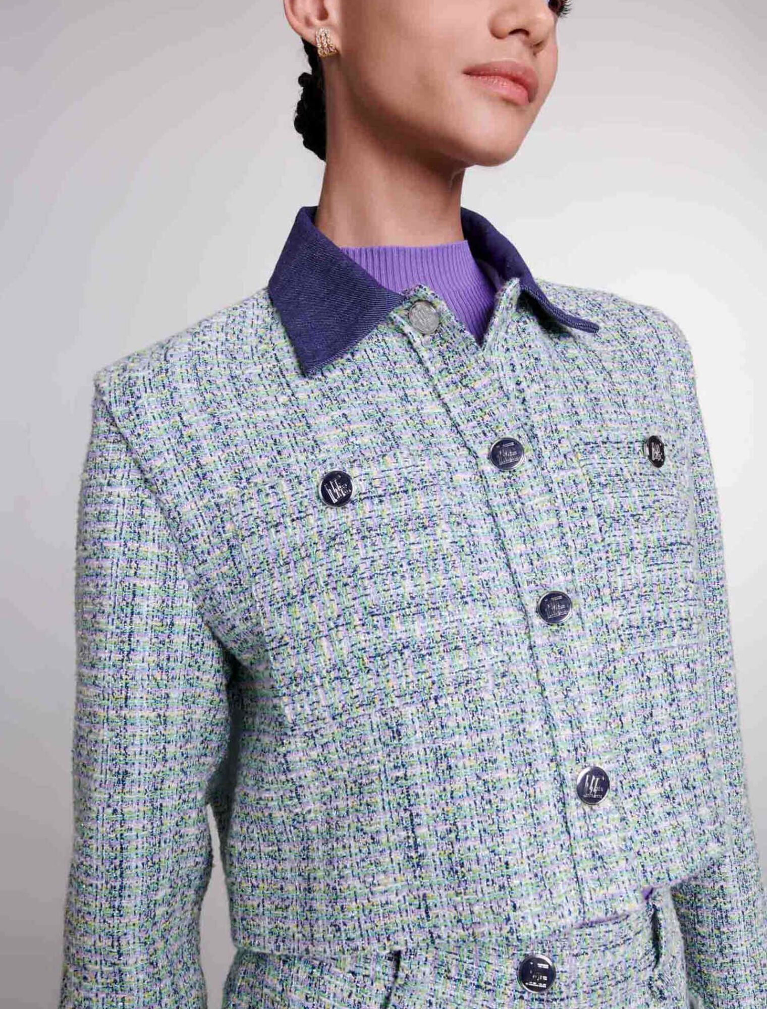 Chaqueta corta de tweed contrastada
