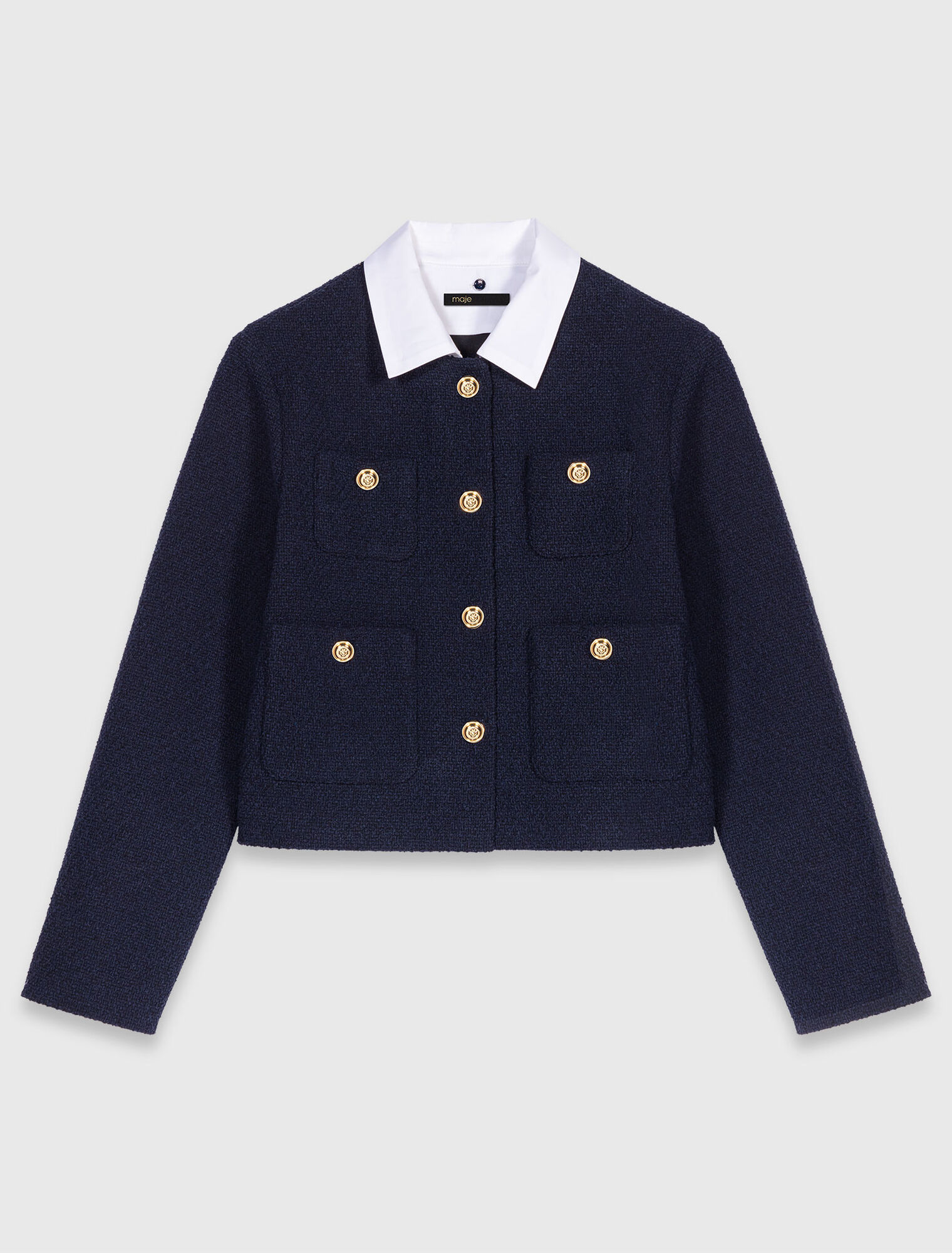 Chaqueta corta tweed, cuello desmont.
