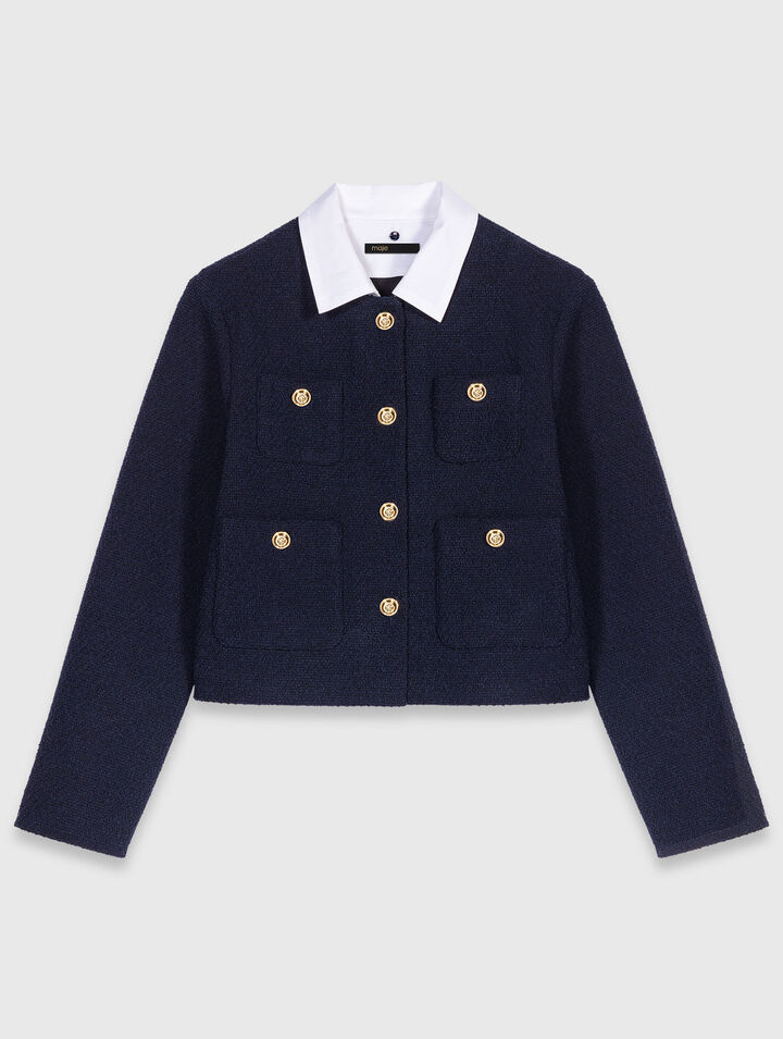 Chaqueta corta tweed, cuello desmont.