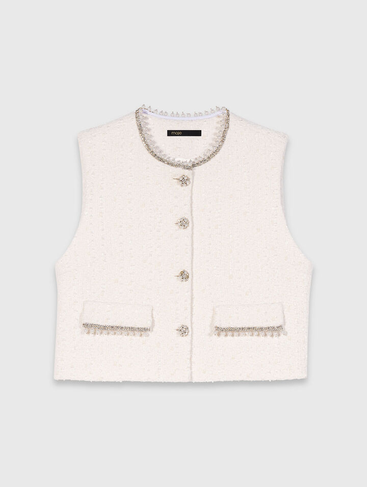 Chaleco de tweed y galón de perlas