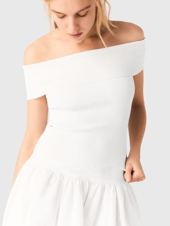 Top de punto de canal&eacute; cuello Bardot