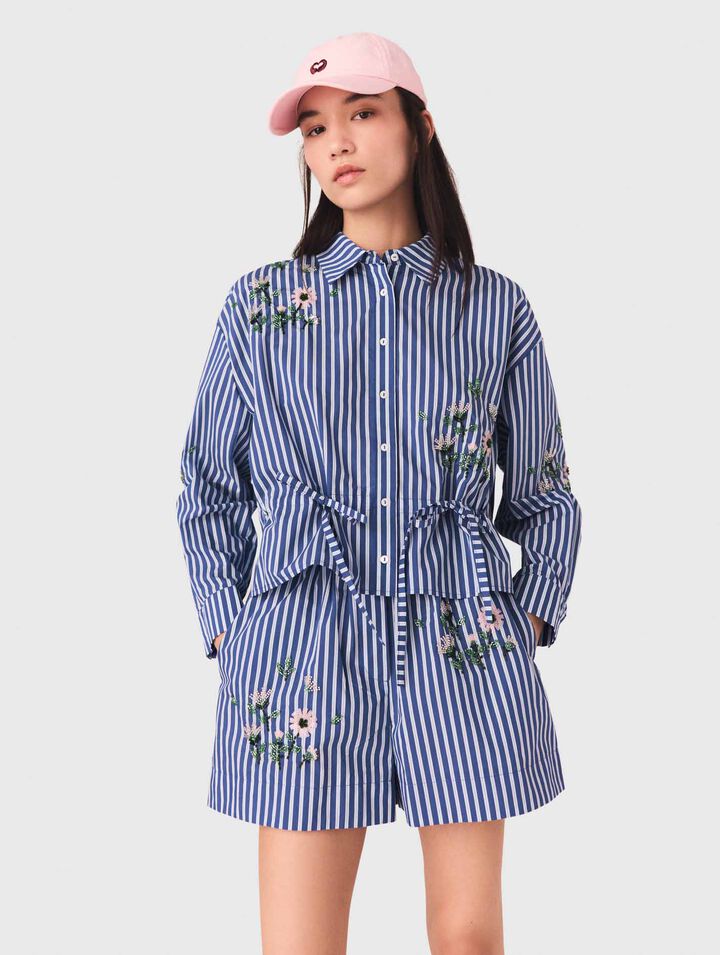 Camisa corta a rayas bordada