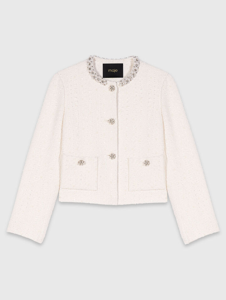 Chaqueta tweed con galón de perlas