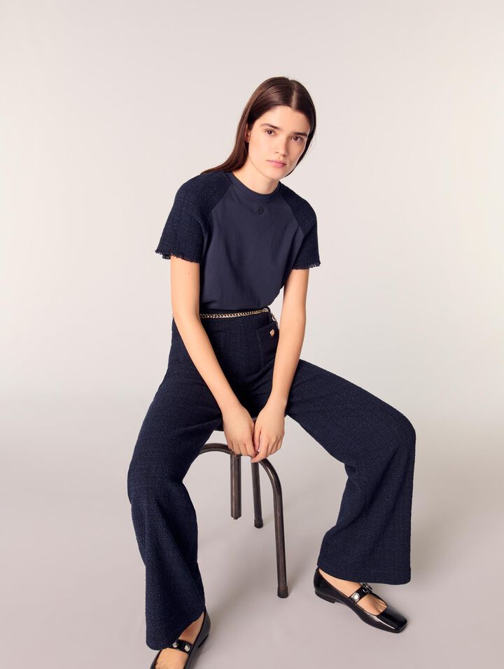 Pantalón tweed con cinturón cadena
