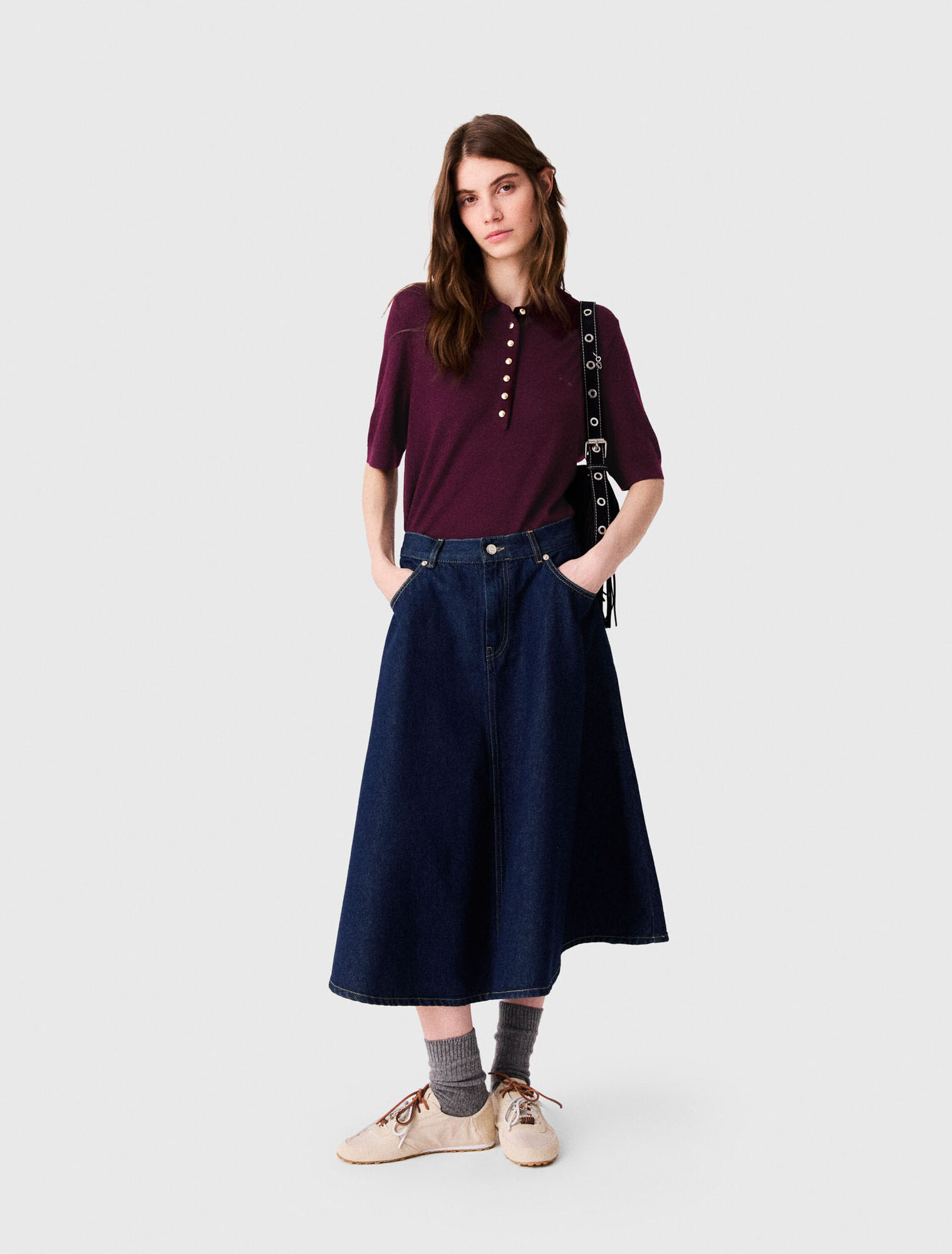 Falda semilarga evas&eacute; en denim
