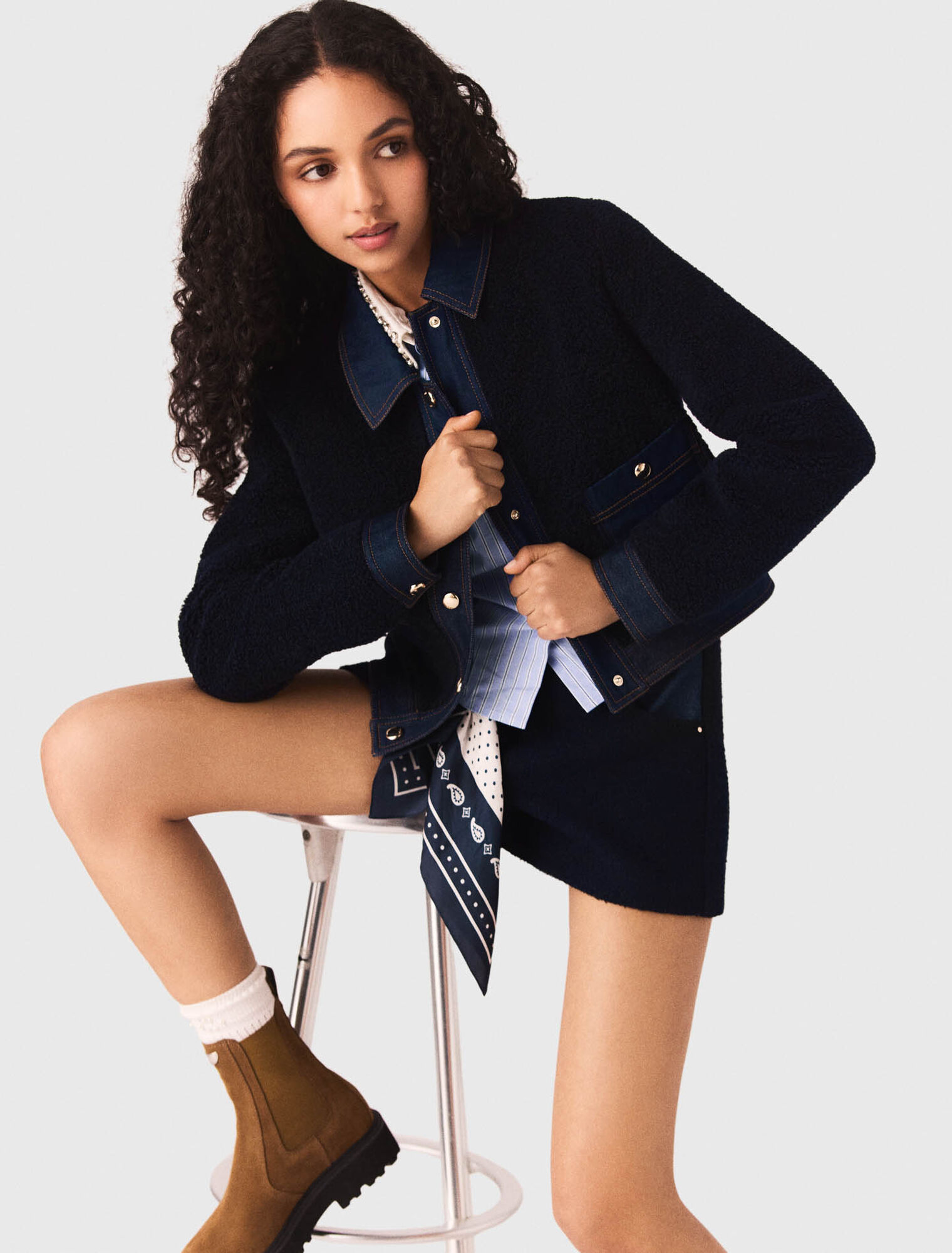 Cazadora de tejido rizado y denim