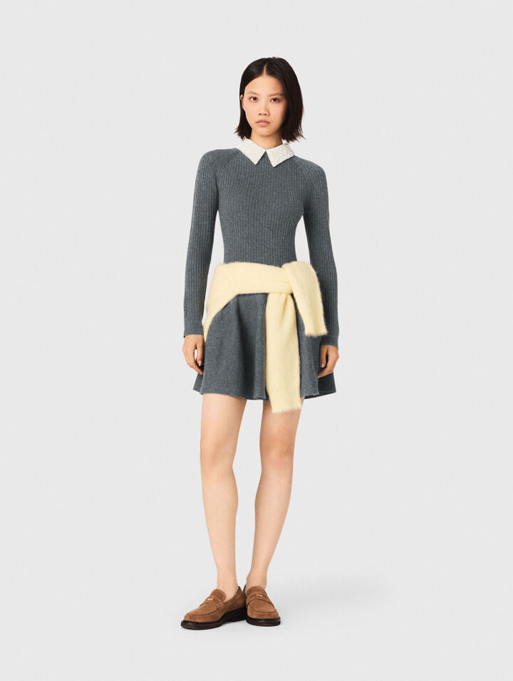 Vestido corto punto cuello perlado