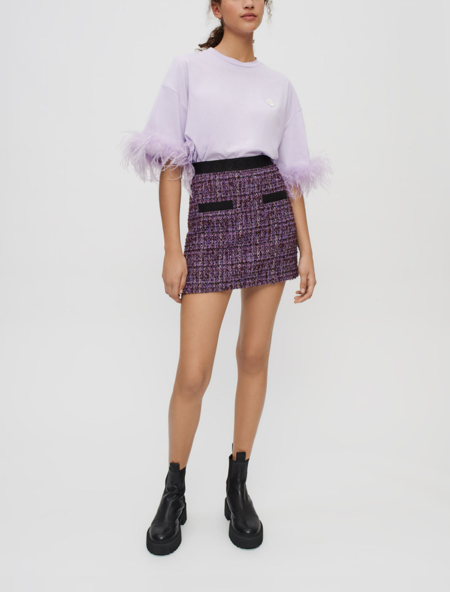 Falda de tweed púrpura y contraste