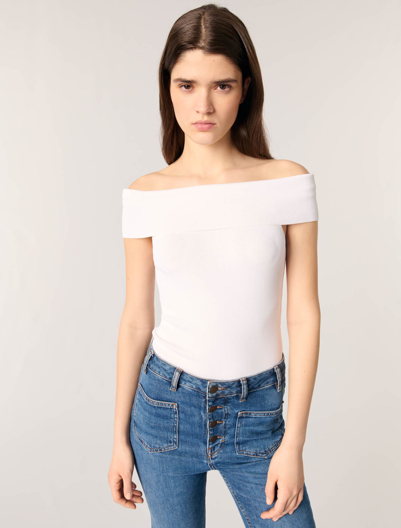Top de punto de canalé cuello Bardot