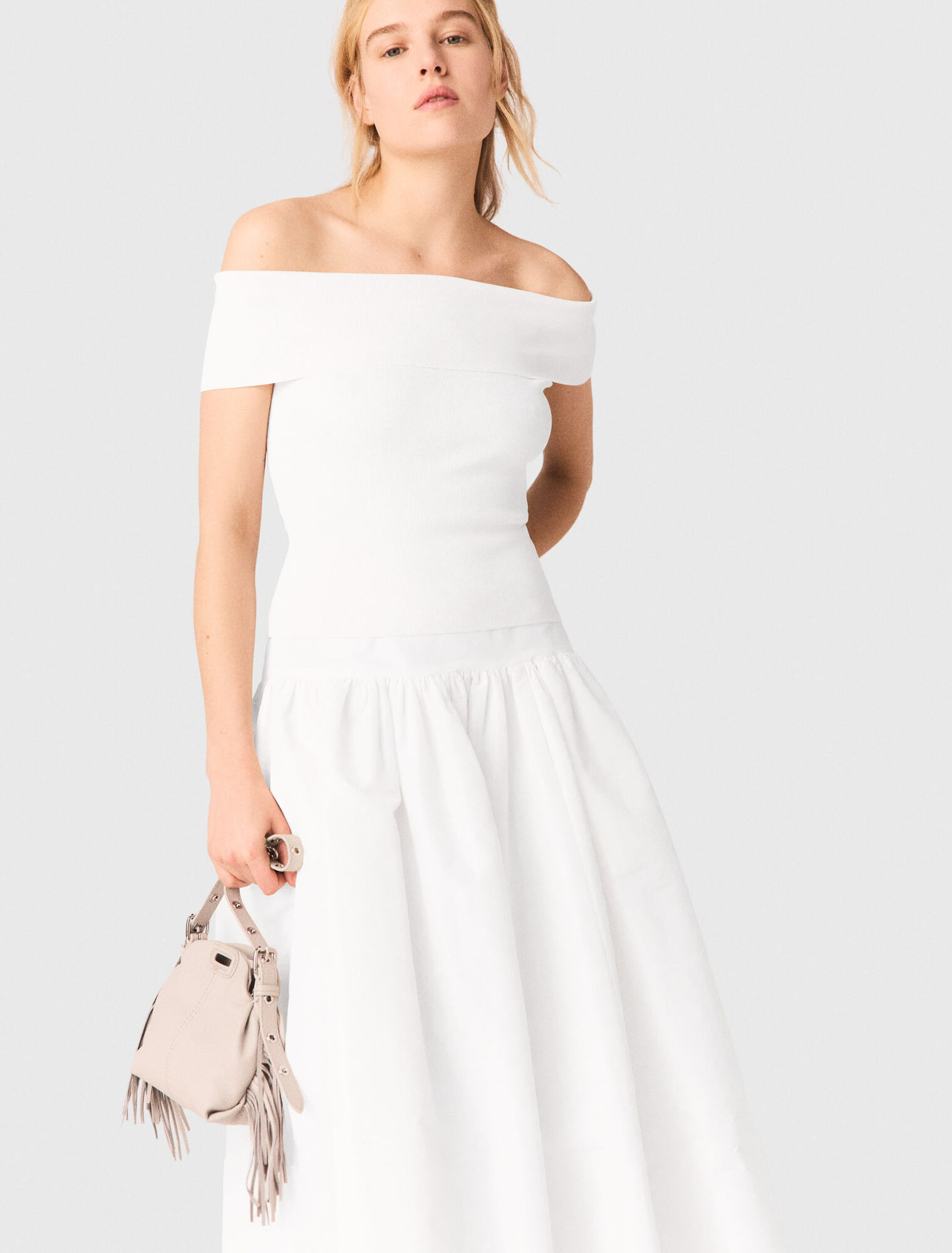 Top de punto de canal&eacute; cuello Bardot