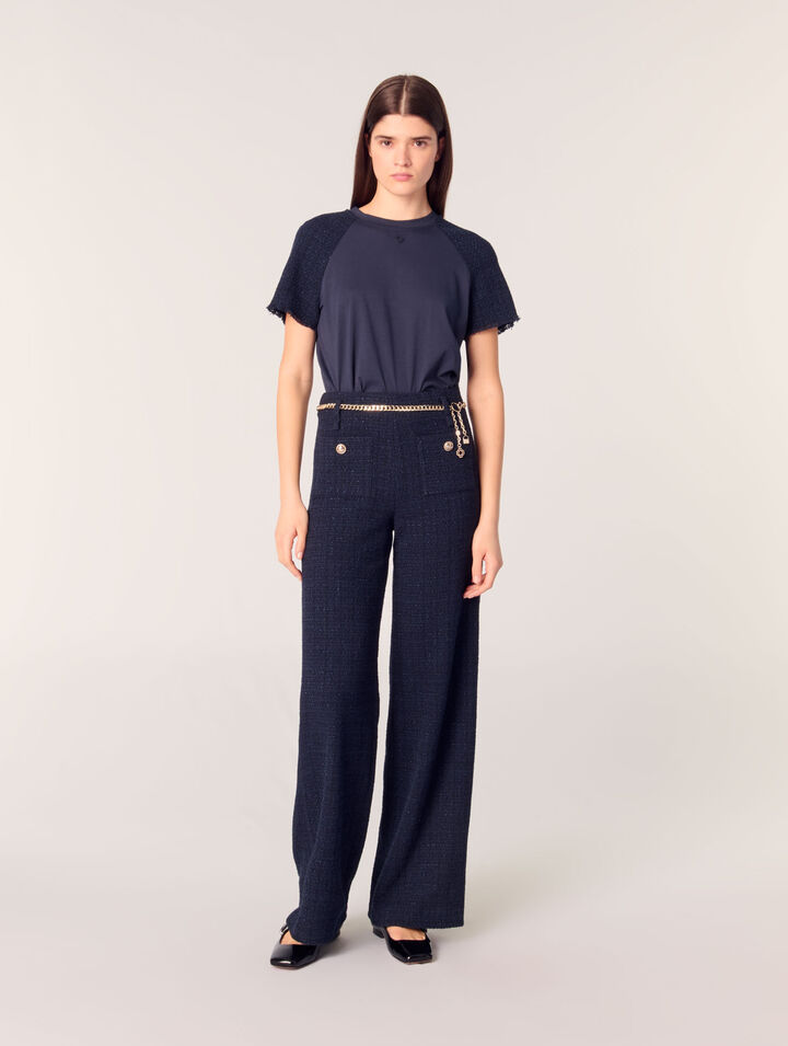 Pantalón tweed con cinturón cadena