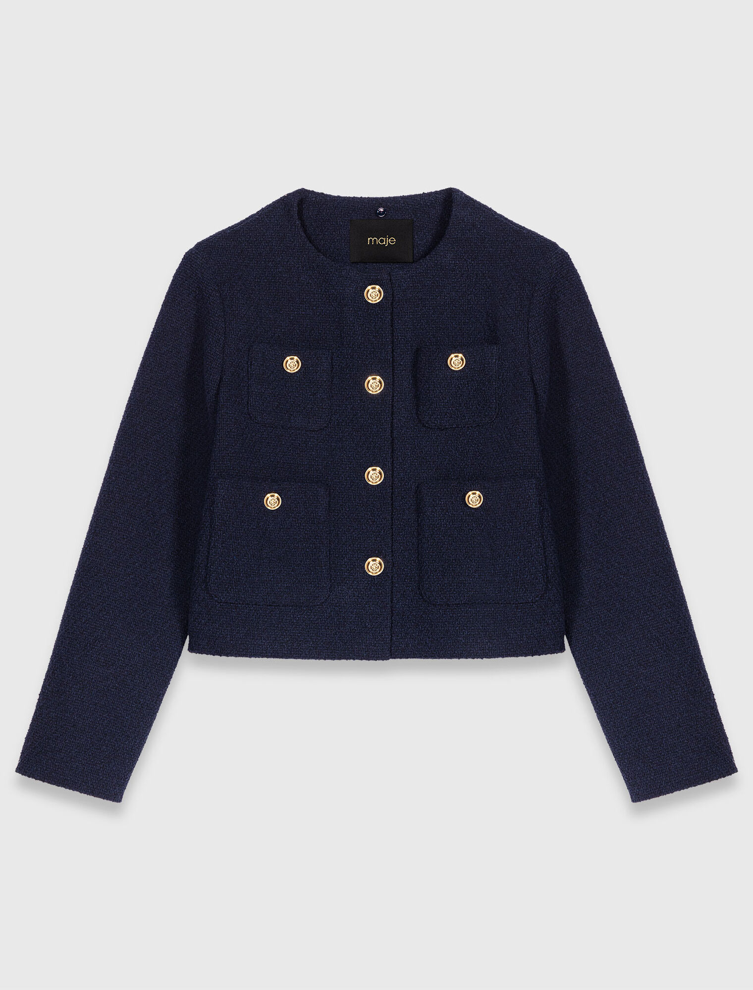 Chaqueta corta tweed, cuello desmont.
