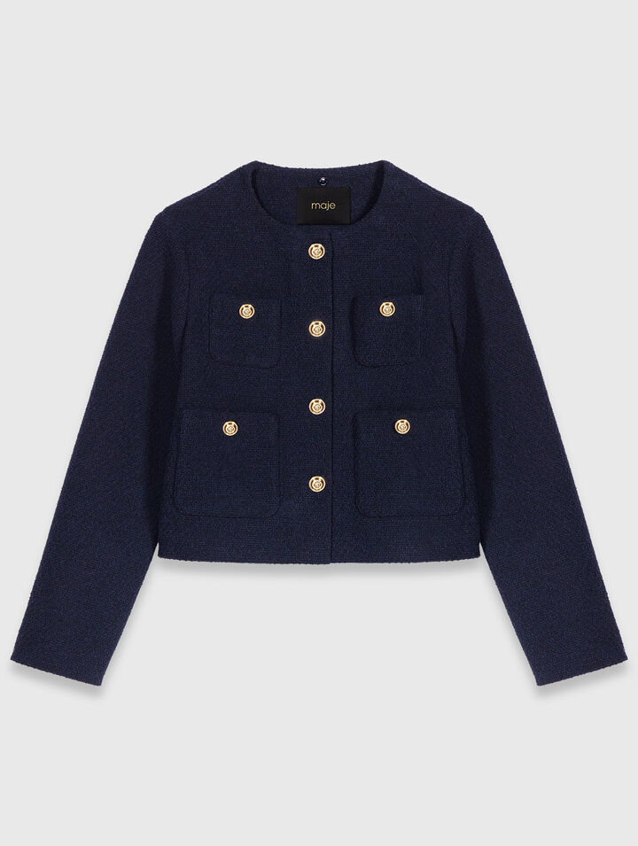 Chaqueta corta tweed, cuello desmont.