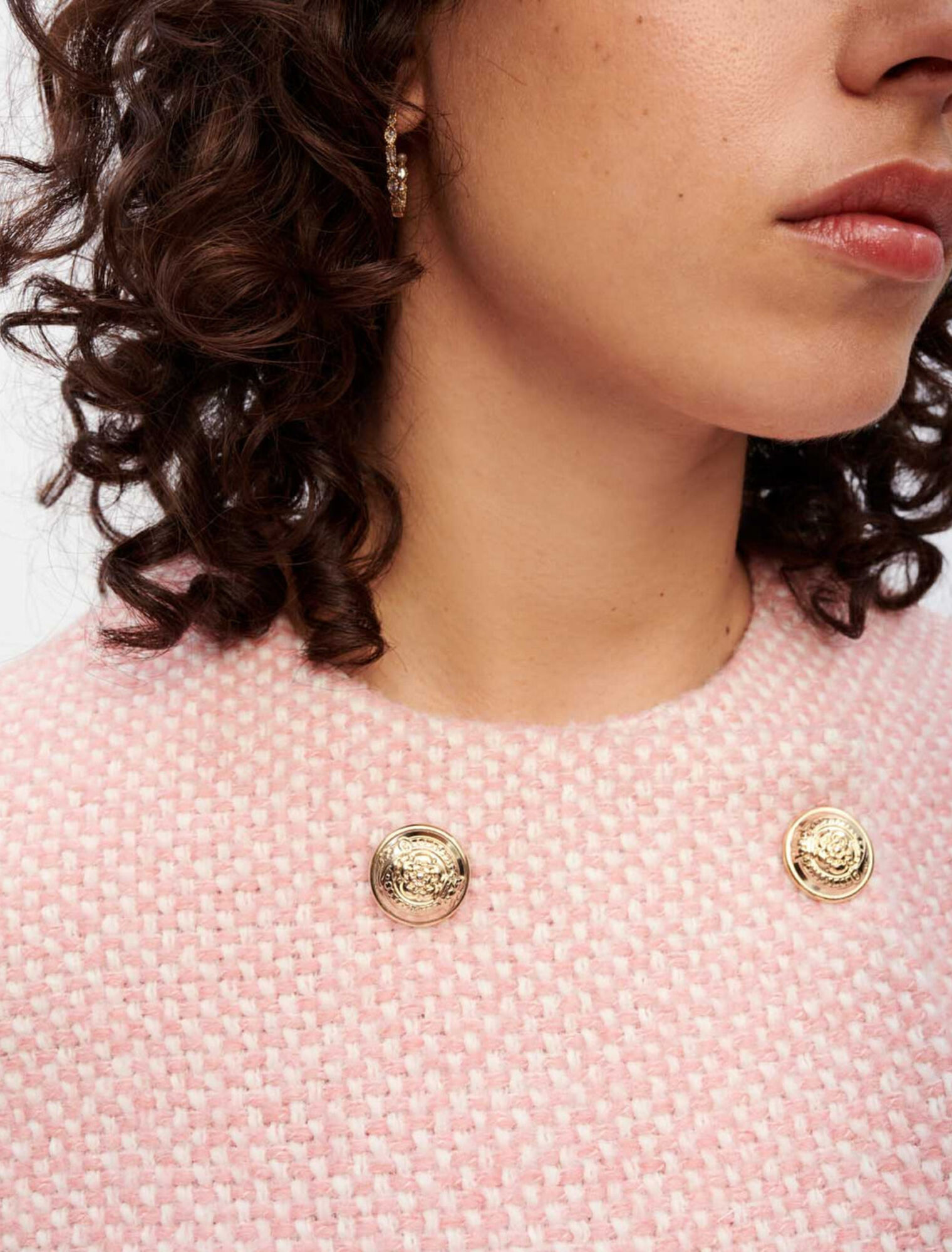 Vestido de tweed jaspeado rosa y crudo