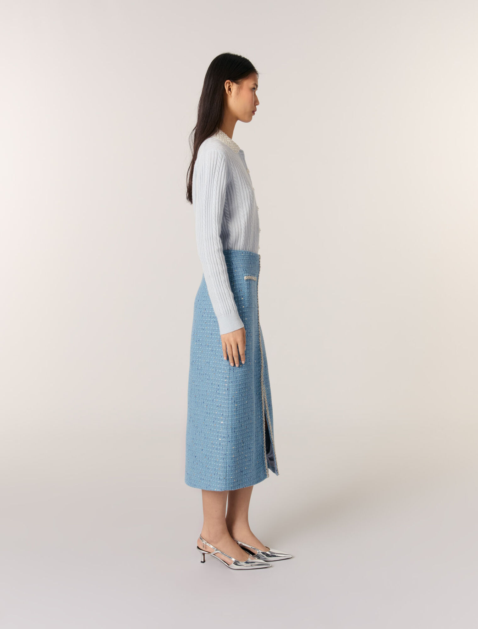 Falda midi de tweed con lentejuelas
