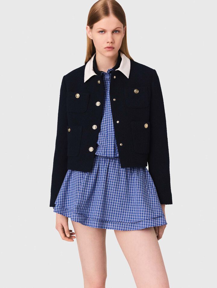 Chaqueta corta tweed, cuello desmont.