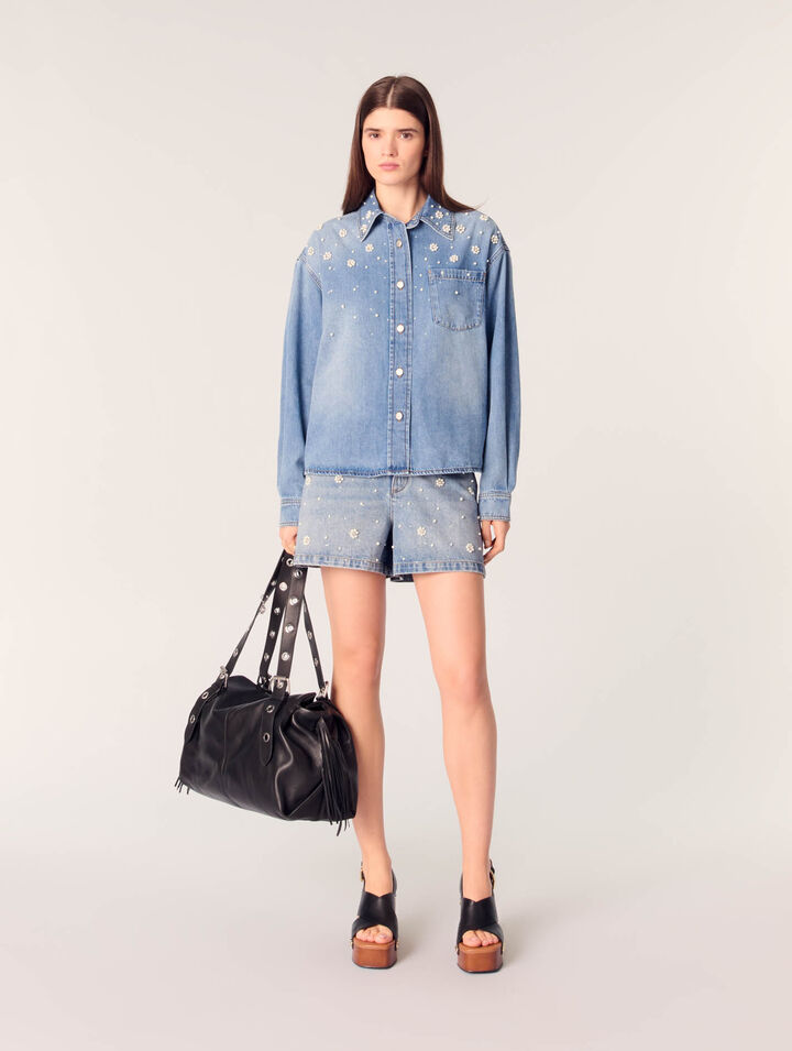 Camisa vaquera con perlas bordadas