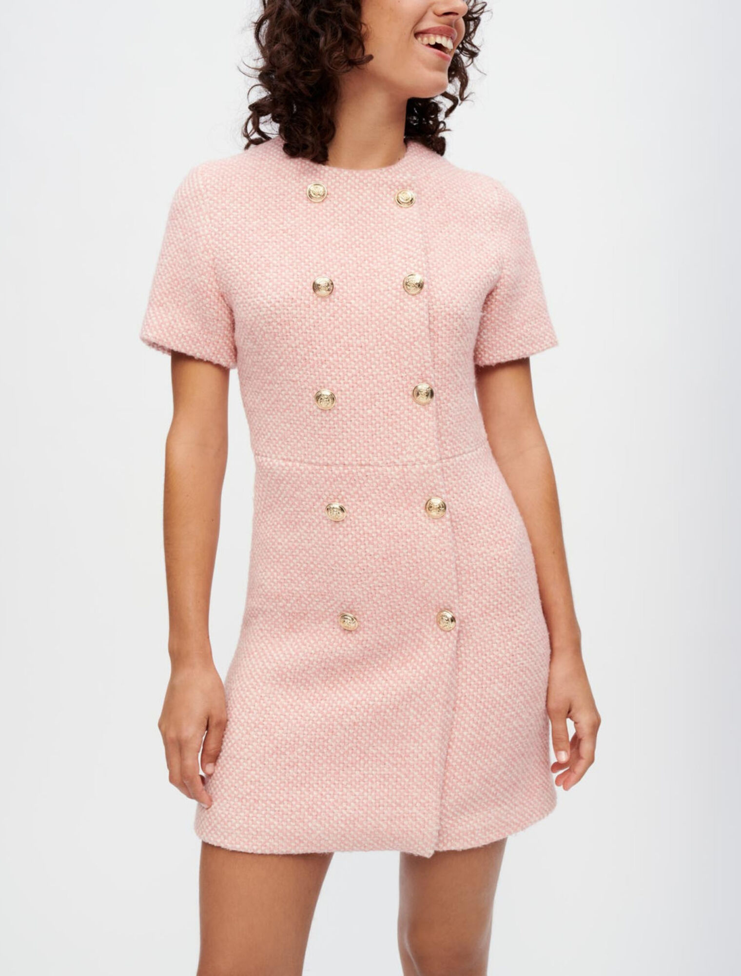 Vestido de tweed jaspeado rosa y crudo