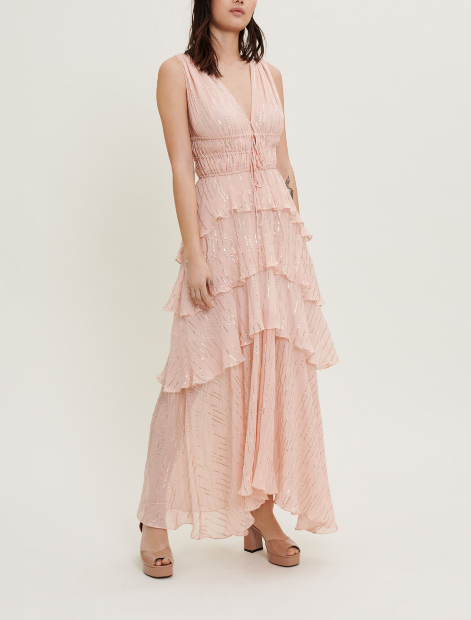Vestido seda y lamé con volantes