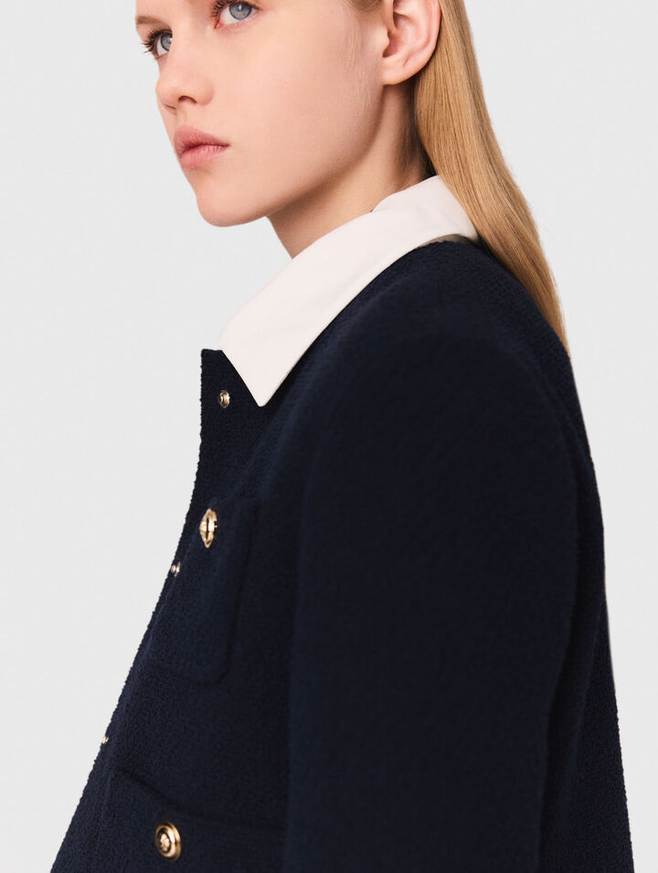 Chaqueta corta tweed, cuello desmont.