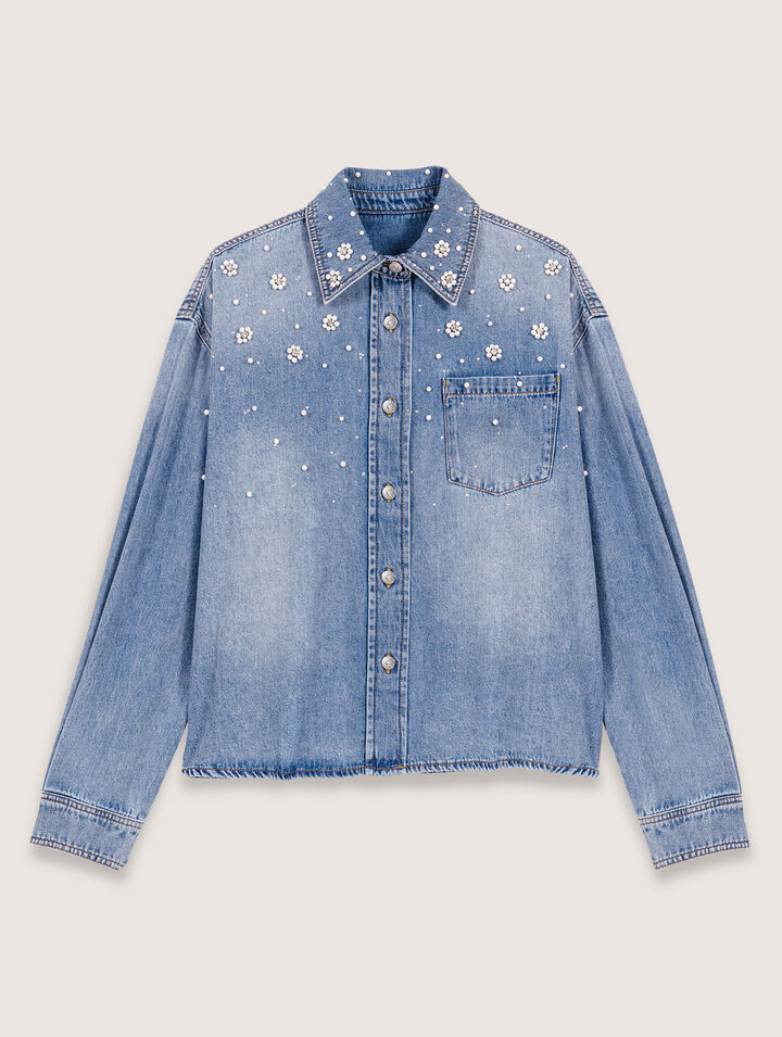 Camisa vaquera con perlas bordadas