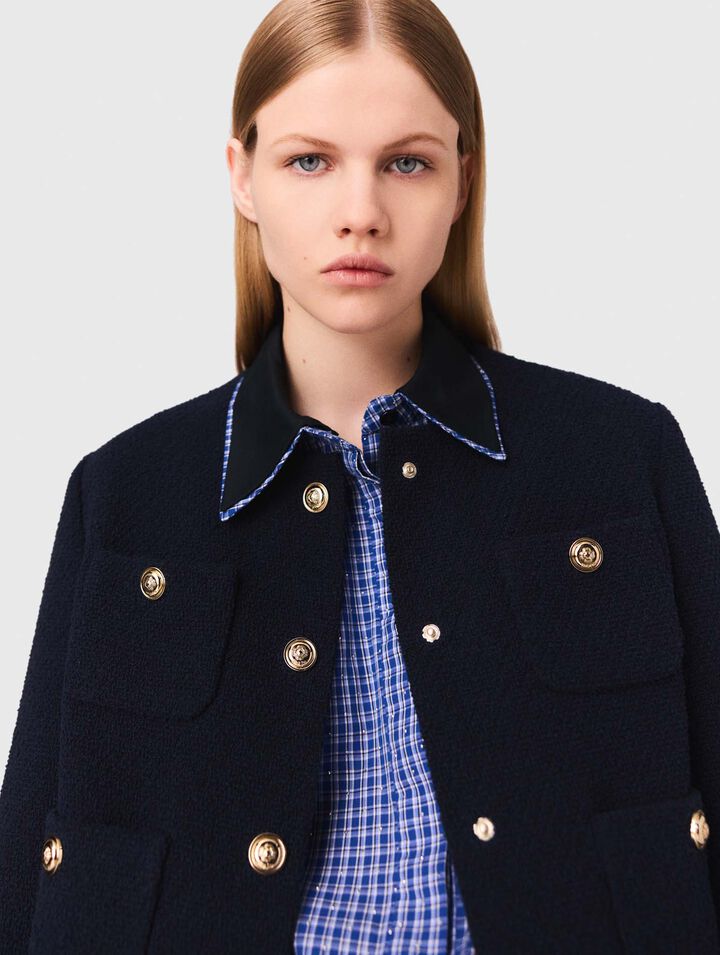 Chaqueta corta tweed, cuello desmont.