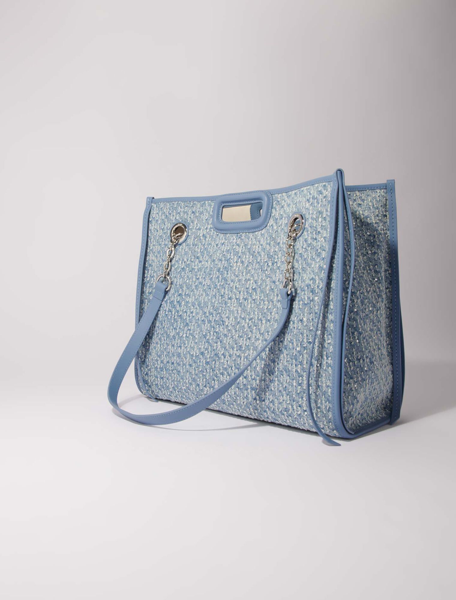 Bolso cabás de tela denim y estrás