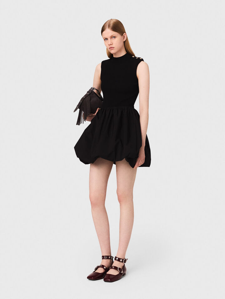 Vestido corto de punto y tafetán