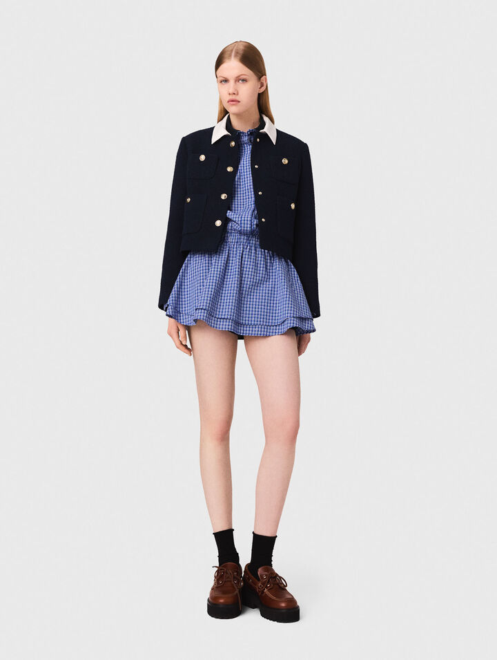 Chaqueta corta tweed, cuello desmont.