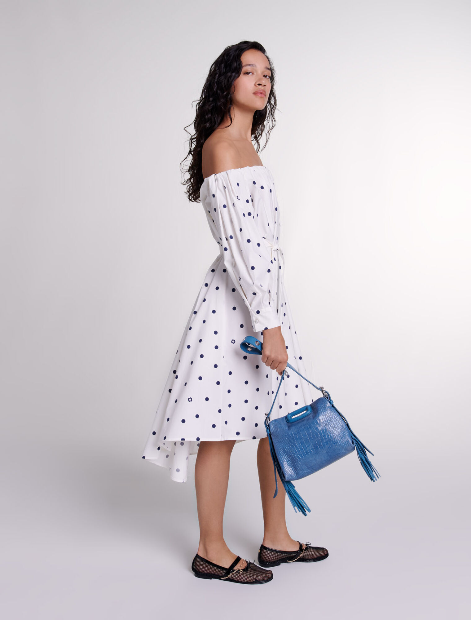 Vestido camisero con escote bardot 