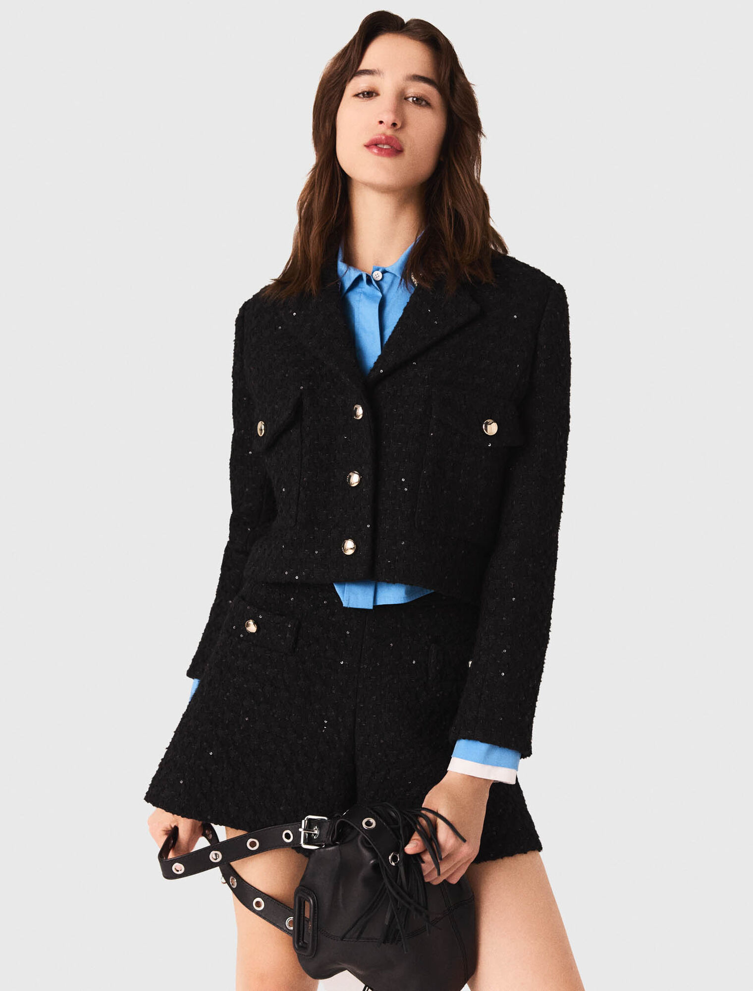 Chaqueta corta de tweed con strass