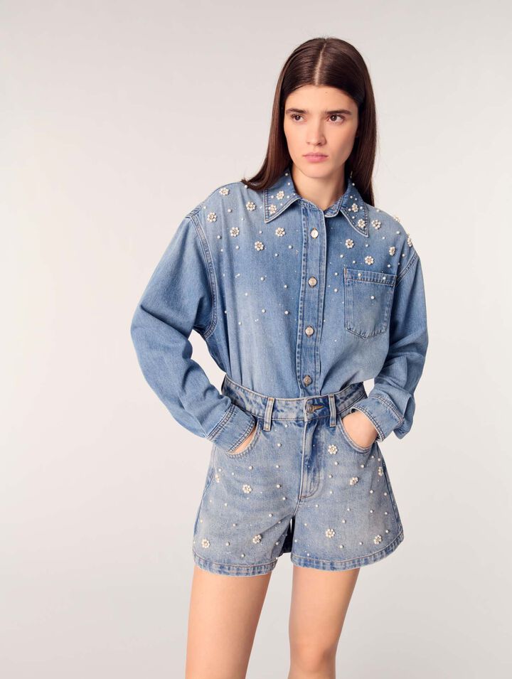 Short vaquero con perlas bordadas