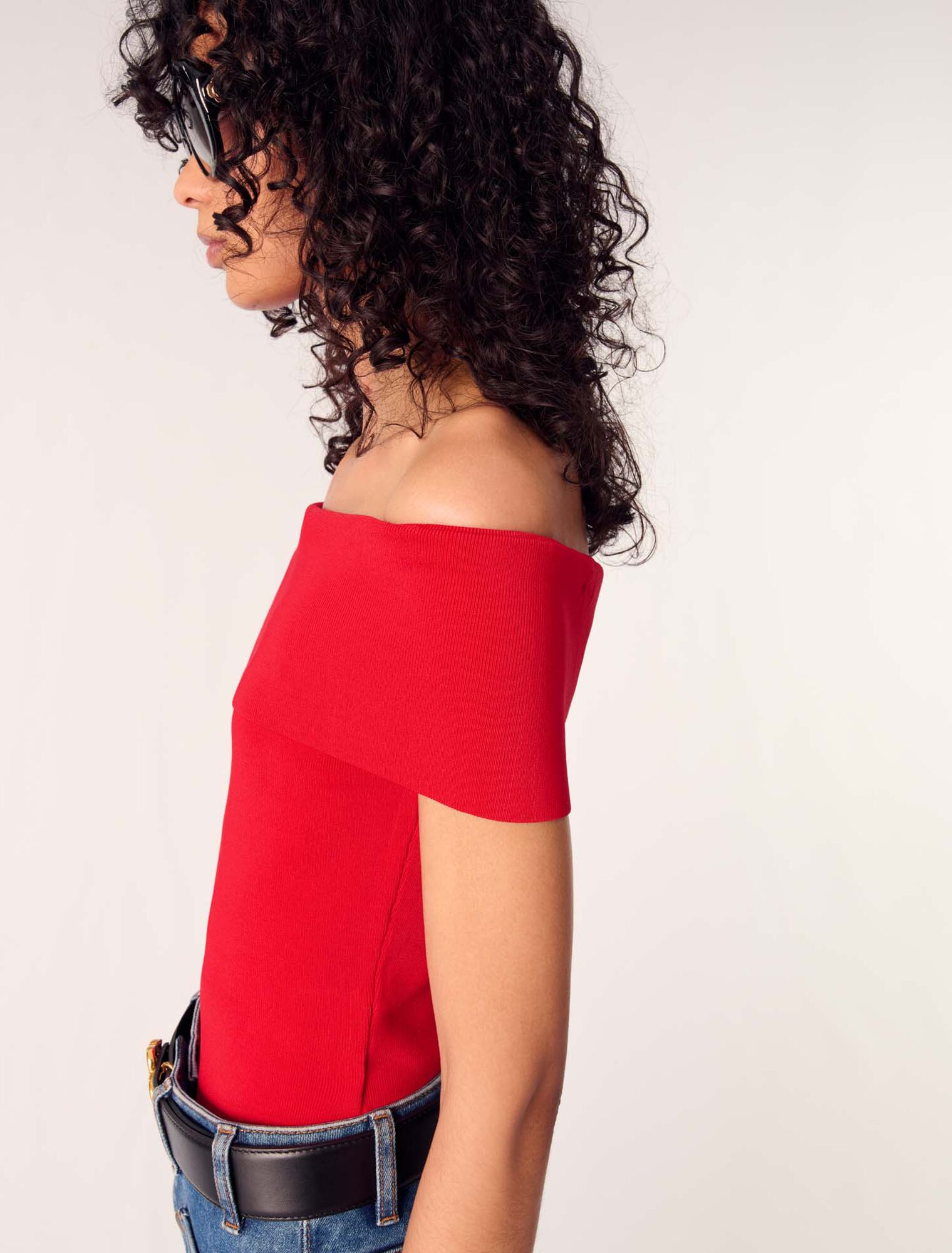 Top de punto de canalé cuello Bardot