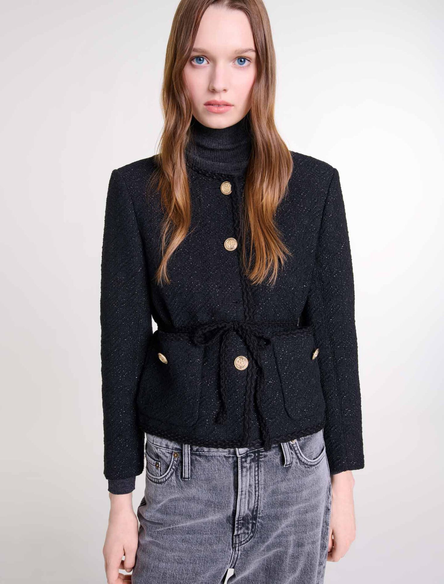 Chaqueta recta de tweed brillante